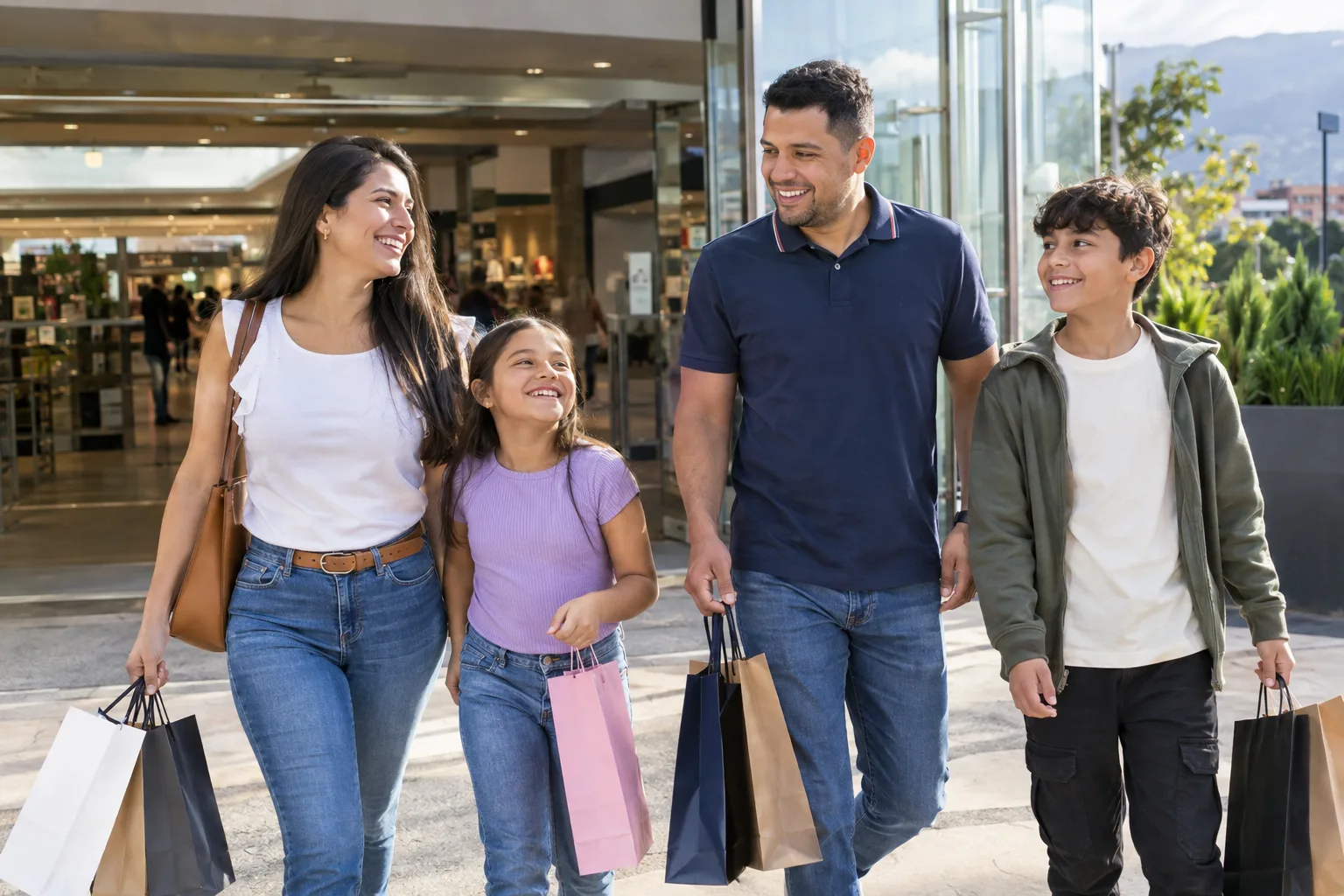 Familia saliendo de compras de un centro comercial