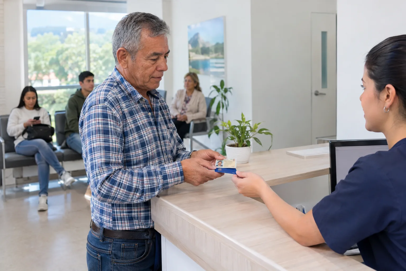 Señor entregando su cédula y su tarjeta en la recepción de un consultorio