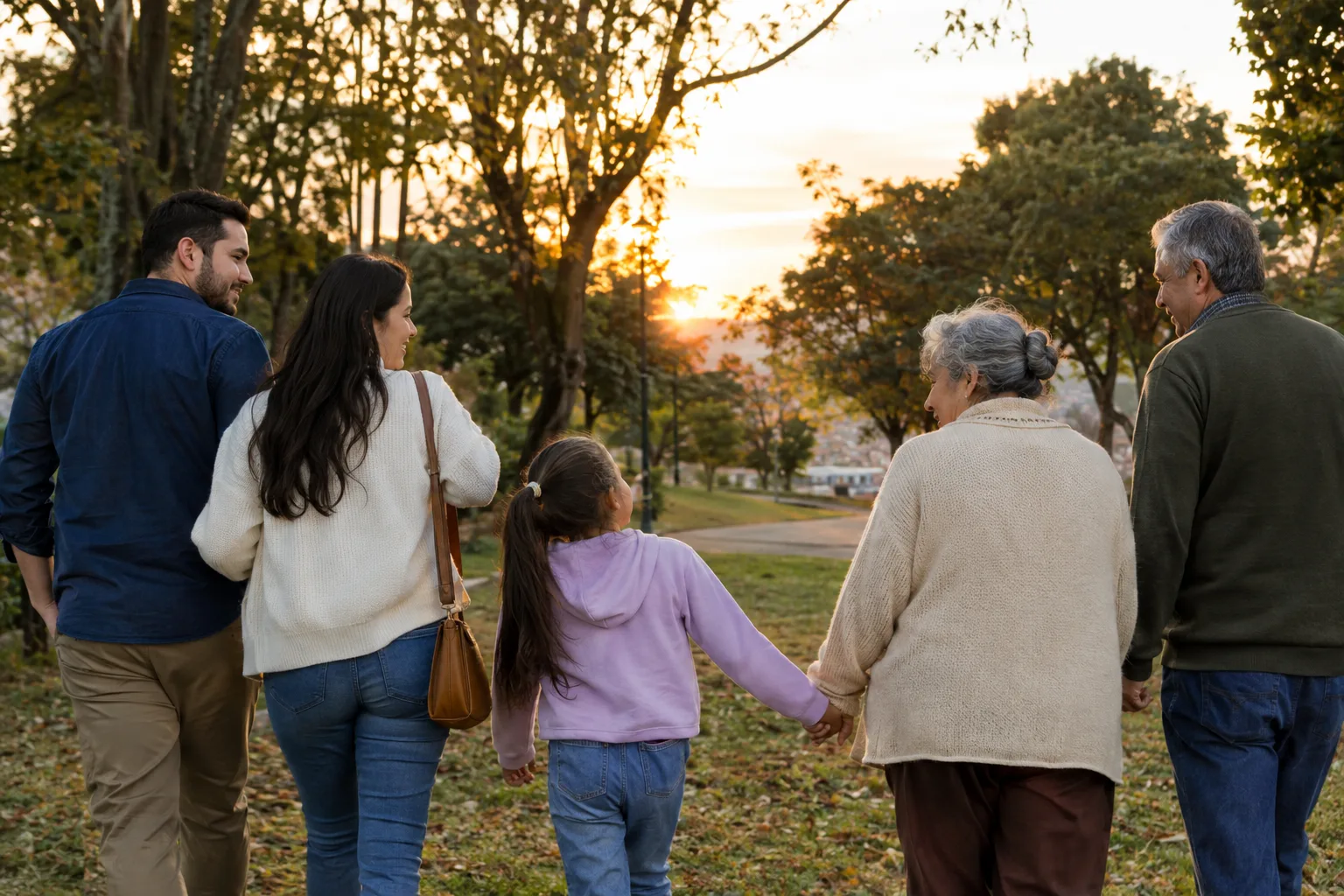 Familia de tres generaciones caminando por un parque al atardecer