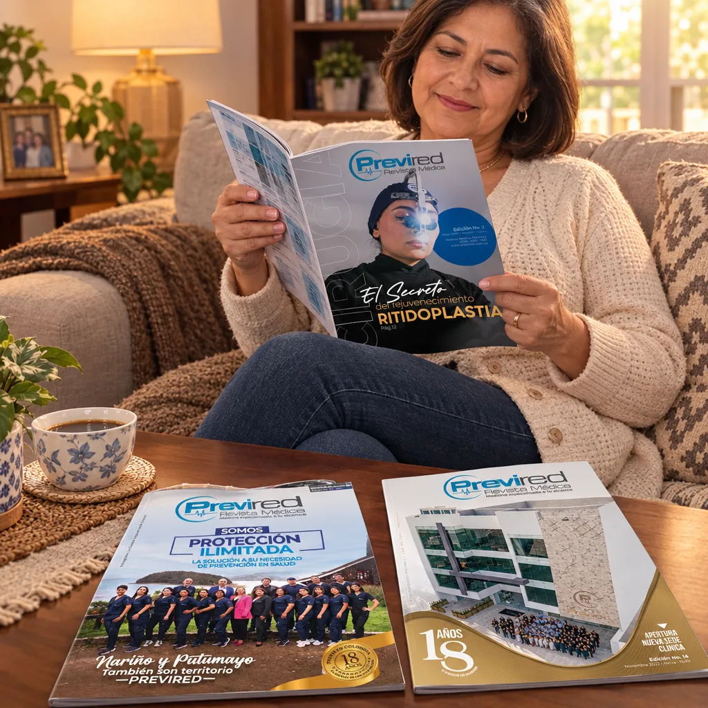 Señora leyendo la Revista Médica Previred en su sala